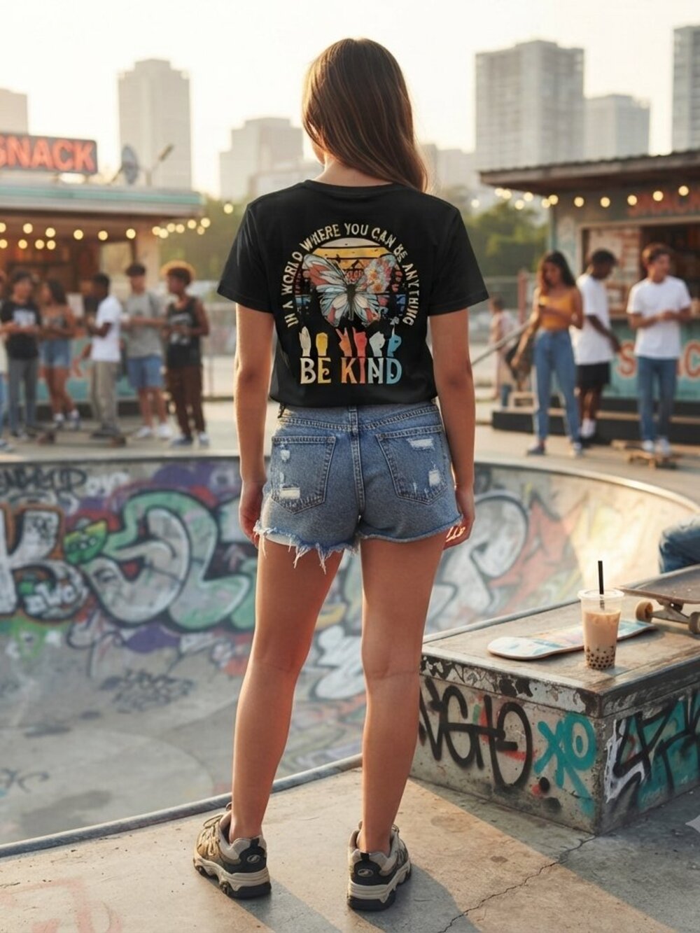 Be Kind Design On Back of Black Tee